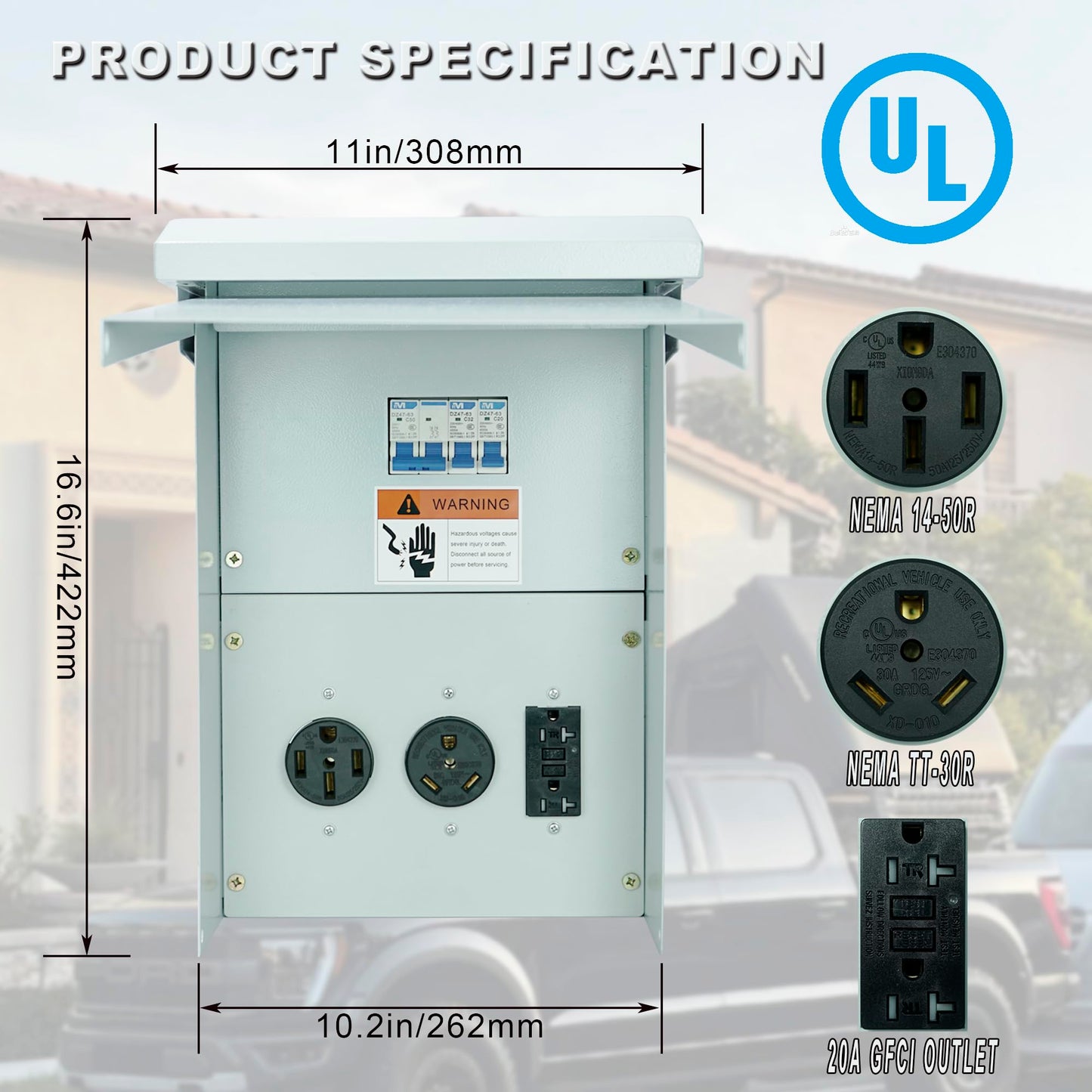 Temporary Power Outlet Panel with a 20, 30, and 50-Amp Breaker Box,RV Breaker Panel,RV Electrical Outlet,Outdoor Breaker Box,Circuit Breaker Panels,Prewired and Unmetered, Weatherproof